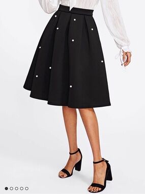 SHEIN Black Pearl-Embellished Circle Skirt